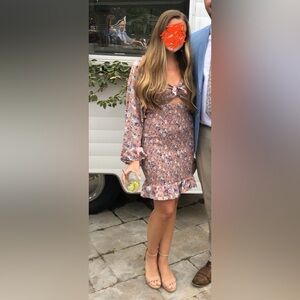 Taupe Floral Print Smocked Long Sleeve Dress